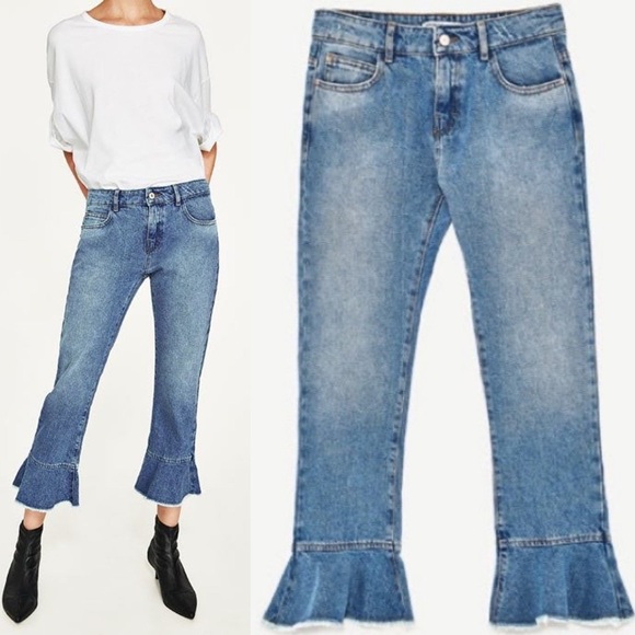 Zara Denim Frill Ruffle Cuff Raw Hem Cropped Jeans Light Wash 2 - Picture 2 of 13